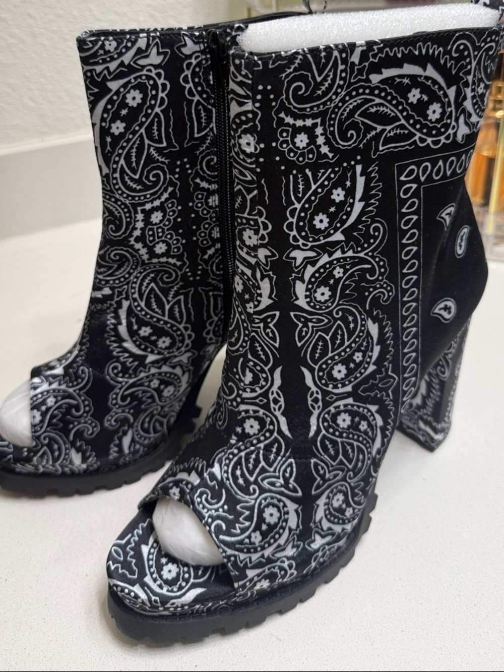 Black Bandana Print Peep-Toe Heeled Booties